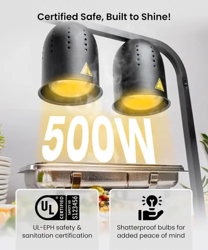 Miniatura 6 de SYBO DL2112 Lámpara de calor para alimentos de grado comercial, calentador de alimentos eléctrico portátil, 2 bombillas de 500W con soporte Negro