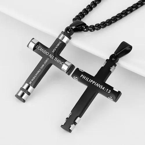 Miniatura 3 de HZMAN - Collar de acero inoxidable con colgante de cruz de fuerza, 3 colores disponibles, texto bíblico en inglés Filipenses 4:13