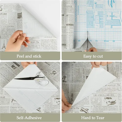 Miniatura 5 de Papel pintado de periódico TANONE 17.7" X 78.7” Papel pintado vintage retro en blanco y negro papel pintado para despegar y pegar para encimeras