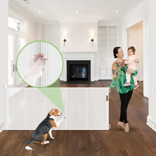 Miniatura 20 de Puerta retráctil reforzada de 96 pulgadas de ancho con varillas de apoyo, puerta retráctil extra larga para perros, puertas exteriores para Negro
