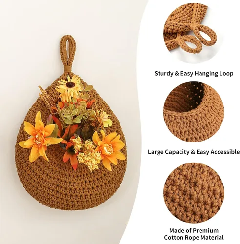 Miniatura 2 de Cestas de frutas bohemias para colgar en la pared para cocina, paquete de 3 soportes tejidos con 6 ganchos fuertes, cesta colgante de verduras
