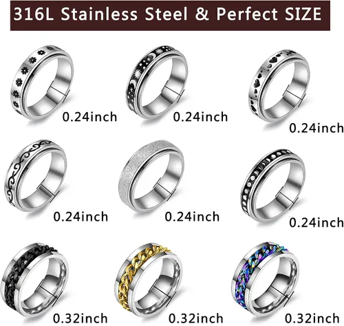 Miniatura 6 de Juego de 9 anillos giratorios de acero inoxidable multiestilo para mujeres y hombres anillos antiestrés para la ansiedad para mujeres anillos