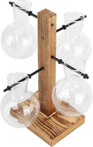 Miniatura 7 de Asixxsix Terrarios de plantas con soporte de madera, soporte retro para macetas hidropónicas de escritorio con 4 bombillas para propagar plantas