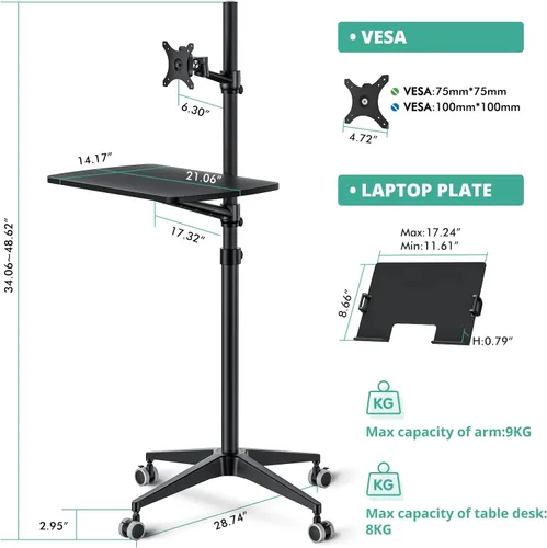 Miniatura 4 de Viozon Escritorio móvil, estación de trabajo móvil, soporte de suelo para portátil multiuso, altura ajustable de 34 a 48.6 pulgadas, compatible