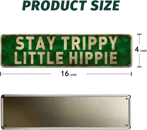Miniatura 2 de Cartel de hojalata divertido – Letrero de estaño con texto en inglés «Stay Trippy Little Hippie», letreros de metal retro para decoración de pared