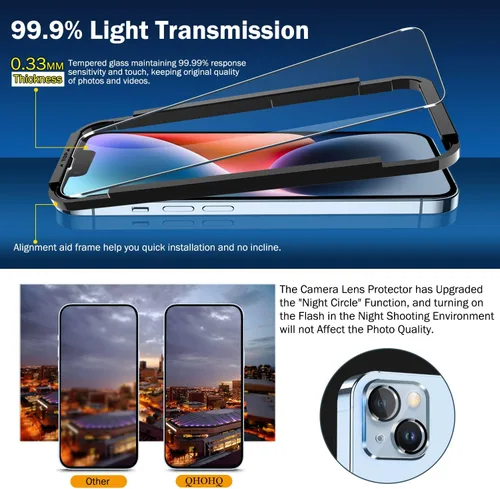 Miniatura 2 de QHOHQ Paquete de 3 protectores de pantalla para iPhone 14 / iPhone 13 [6.1 pulgadas] con paquete de 3 protectores de lente de cámara de vidrio