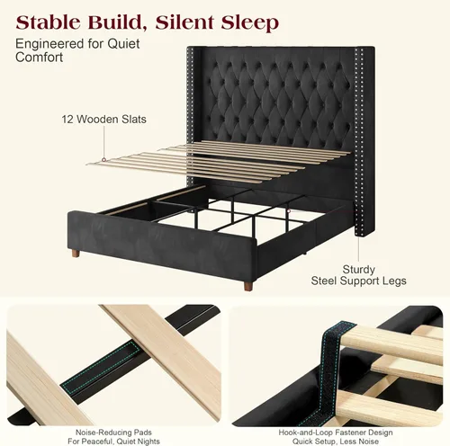 Miniatura 7 de PaPaJet Base de cama Queen con cabecera de ala de 61.4 pulgadas de alto, plataforma tapizada de terciopelo con acolchado de botones profundos,