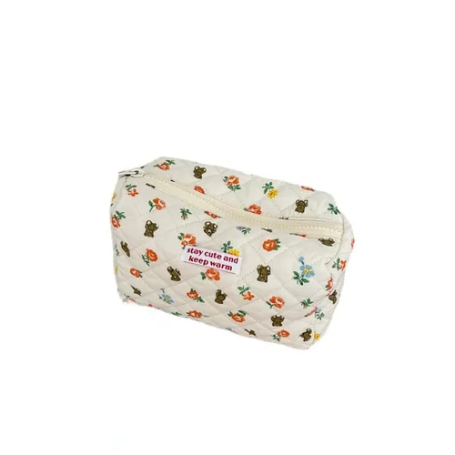 Miniatura 8 de Bolsa de maquillaje Kawaii bonita bolsa de cosméticos de felpa japonesa, bolsa de aseo peluda con patrones de flores de oso de hadas con cremallera