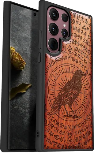 Carveit Funda de madera para Galaxy S22 Ultra [madera natural y TPU suave negro] a prueba de golpes, diseño único de madera compatible con Samsung