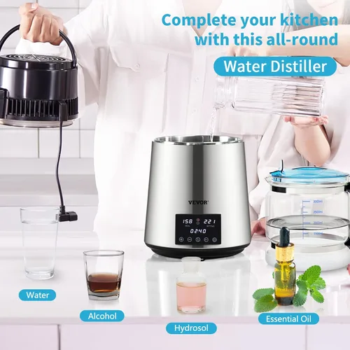 Miniatura 2 de VEVOR Destilador de agua de 1.1 galones, 0.4 galones/h, máquina purificadora de agua destilada 1750W con temporizador de 0-99H, pantalla de Plateado