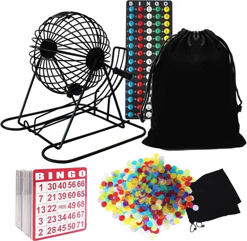 Yuanhe Juego completo de bingo: incluye jaula redonda de metal de 8 pulgadas con bolsa de almacenamiento grande, 100 tarjetas de bingo, 1000 fichas