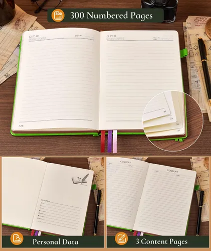 Miniatura 6 de Diario vintage de cuero, cuaderno rayado de 300 páginas con páginas numeradas, cuaderno A5 para mujeres y hombres, diario de viaje, diario