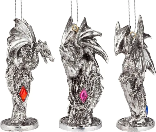 Miniatura 6 de Design Toscano - Juego de adornos de 3 dragones de Amesbury montados en piedras preciosas, color plateado, Navidad