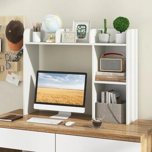 Miniatura 29 de LDAILY Desktop Bookshelf, 2-Tier Office Desk Shelf Organizer Desk Hutch with 4 Shelves, 37’’L Wood Storage Rack Display Shelf for Computer Desk