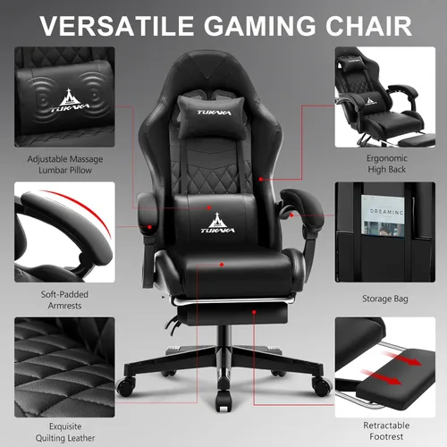 Miniatura 5 de Silla para Videojuegos, Silla de Oficina Ergonómica con Masaje, Asiento de Computadora con Reposapiés, Cojín de Muelles de Bolsillo, Silla