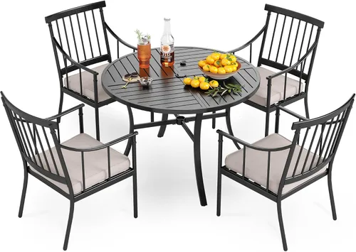 Miniatura 17 de PHI VILLA Juego de comedor al aire libre de 7 piezas con cojín, mesa de comedor rectangular de metal de 60 pulgadas con agujero para sombrilla y 6