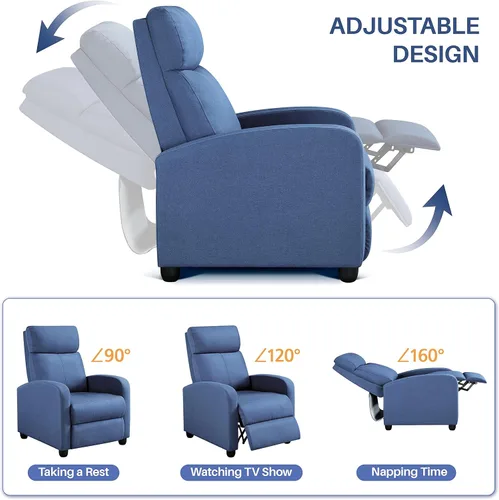 Miniatura 5 de Yaheetech Asiento de cine en casa Silla reclinable de tela moderna individual sala de estar sofá reclinable con bolsillo, resorte azul claro