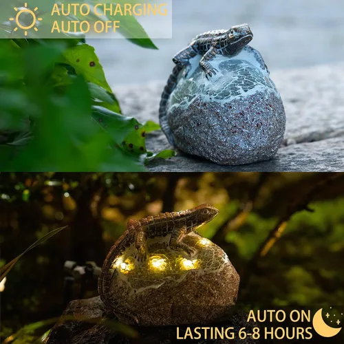 Miniatura 4 de Rezpuao Estatua de jardín de lagarto, decoración solar de lagarto para exteriores, figura de lagartos de resina con luz solar para patio, balcón