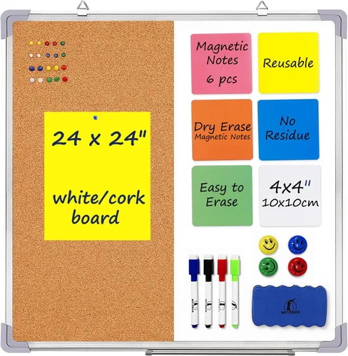 Tablero de corcho blanco de 24 x 24 pulgadas, para colgar en la pared, borrado en seco y tablón de anuncios con marcadores, imanes, tachuelas para