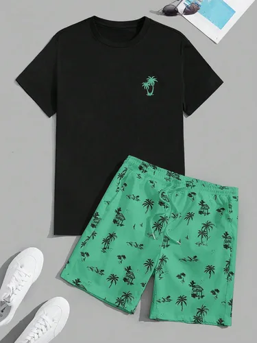 Miniatura 52 de GORGLITTER Conjunto de 2 piezas de camiseta gráfica de manga corta para hombre, estampado hawaiano con cordón y pantalones cortos