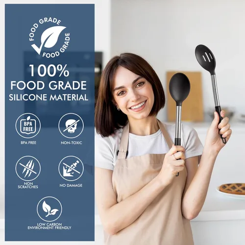 Miniatura 6 de HOTEC Cuchara de cocina grande de silicona resistente al calor de 446 °F, cucharas ranuradas sólidas sin BPA, utensilios de cocina antiadherentes