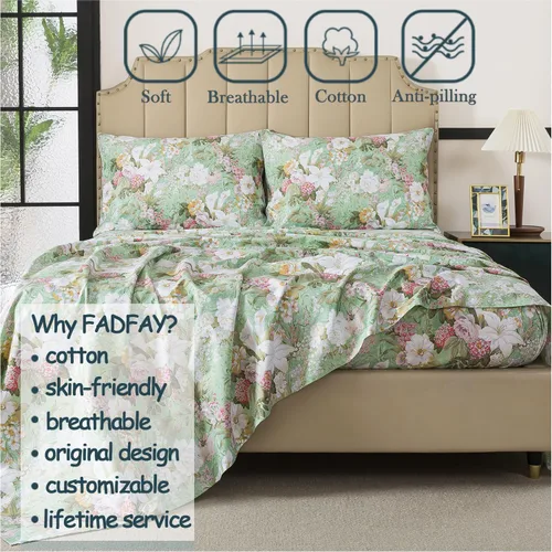 Miniatura 5 de FADFAY Juego de sábanas tamaño King, 100% algodón, elegante ropa de cama de granja con hojas verdes menta y flores blancas, sábana suave