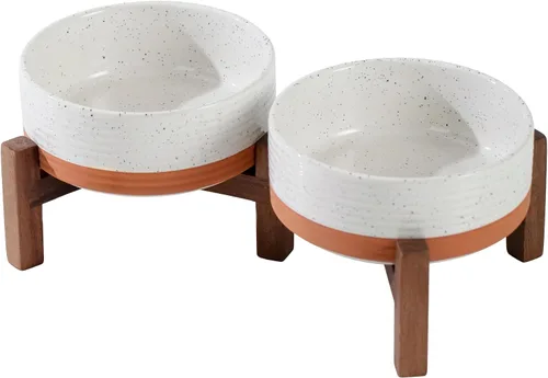 Miniatura 17 de Havniva Cuenco elevado de cerámica para perros de 6.1 pulgadas con soporte antideslizante (madera de acacia), dos opciones de altura, cuenco