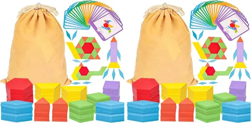 Miniatura 9 de LovesTown 209 piezas de bloques de madera con formas para niños, geométricos con tarjetas de actividades y bolsa de almacenamiento, rompecabezas