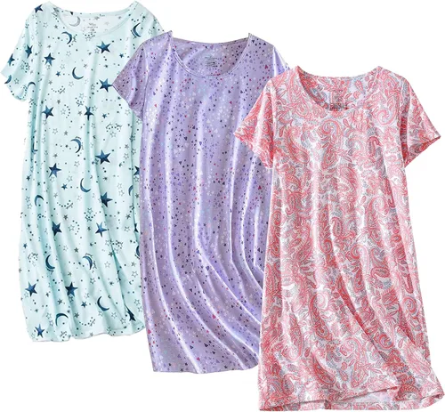 PNAEONG - Camisón de algodón para mujer, de manga corta y con estampado, ropa de dormir tipo camiseta informal (paquete de 3 unidades)
