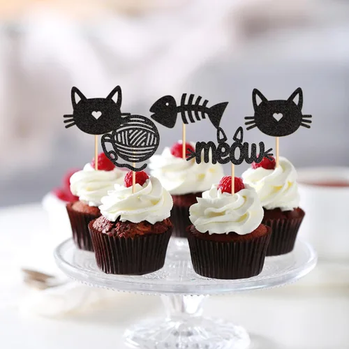 Miniatura 10 de 1 pieza de decoración de pastel de cumpleaños de gatito negro con purpurina para pastel de cumpleaños para amantes de los gatos, baby shower, niños