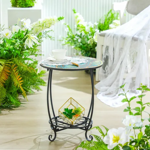 Miniatura 6 de Cinnvoice Mesa auxiliar redonda para exteriores, mosaico pequeño, decoración de patio, planta interior, mesa de té para patio, porche, jardín, sala