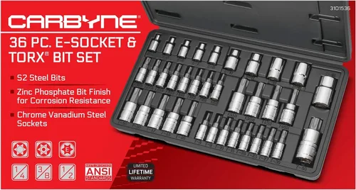 Miniatura 2 de CARBYNE Juego de dados Torx de 36 piezas y dados E-Torx, T8 a T60, Torx de seguridad resistente a manipulaciones TT8 a TT55, E4 externo a E18