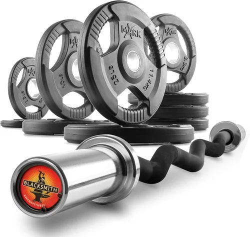 Miniatura 7 de XMark Olympic Bar - Barra rizadora con pesas, par de pesas olímpicas o juego de placas de peso olímpicas TRI-GRIP, calidad premium, revestimiento