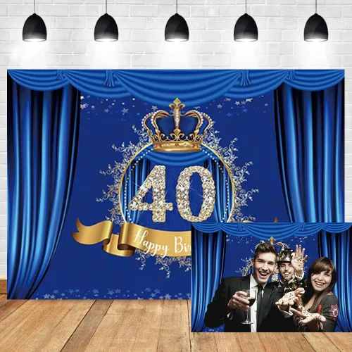Miniatura 9 de Telón de fondo de feliz cumpleaños 50 años, cortina azul real de lujo, corona azul dorado, fondo fotográfico, celebración de cumpleaños de niño