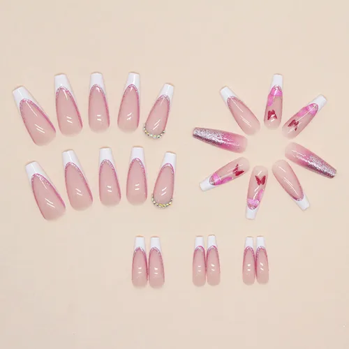 Miniatura 5 de Uñas largas a presión, uñas postizas cuadradas de punta francesa, uñas acrílicas, punta de ataúd, uñas adhesivas de cobertura completa, uñas