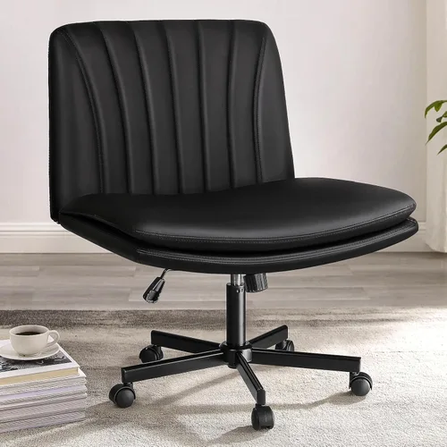 Miniatura 10 de PUKAMI Silla de Oficina con Patas Cruzadas, Silla de Escritorio de Oficina sin Brazos sin Ruedas, Cuero PU Tocador Giratorio Moderno, Asiento Ancho