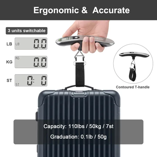 Miniatura 2 de BROMECH Báscula digital de equipaje, báscula de equipaje colgante de 110 libras, báscula de pesaje portátil de maleta de acero inoxidable, báscula