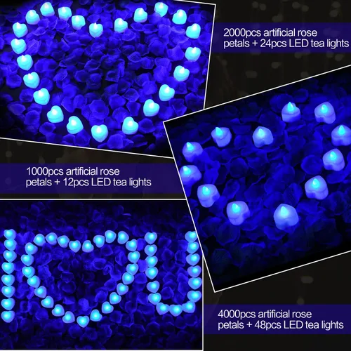 Miniatura 2 de KOABY 1000 piezas pétalos de rosa artificiales azules con kit de 12 luces LED azules de té, para decoración