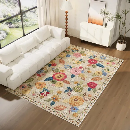 Miniatura 6 de Alfombras de 8x10 para Sala de Estar: Alfombra Lavable Resistente a Manchas, Vintage Floral Desgastada, Antideslizante, de Pila Baja, de Lana Beige