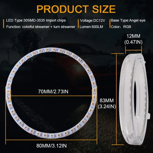 Miniatura 2 de Qasim 1 par de anillos de halo LED RGB de 80 mm con 30 SMD 3535, ojos de ángel para motocicleta y coche, luz DRL, luz antiniebla, señal de giro