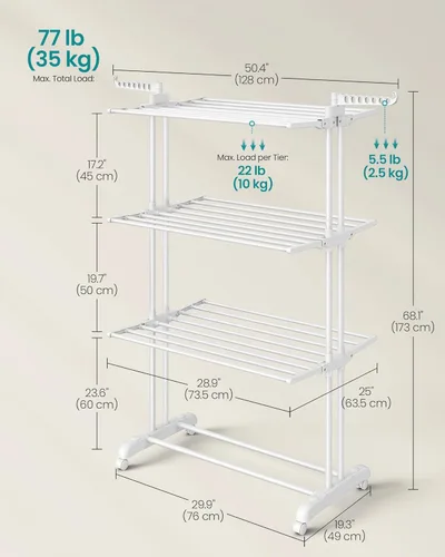Miniatura 5 de SONGMICS Soporte de secado de ropa de 4 niveles, estante de secado de ropa plegable de 68.1 pulgadas de alto, acero inoxidable, estante de secado