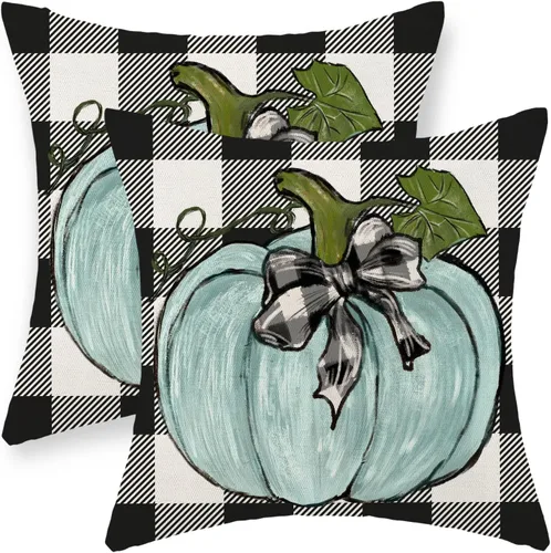 Miniatura 28 de Juego de 2 fundas de almohada de otoño de 16 x 16 pulgadas, diseño de calabaza azul y naranja, decoración de Acción de Gracias, decoración de otoño