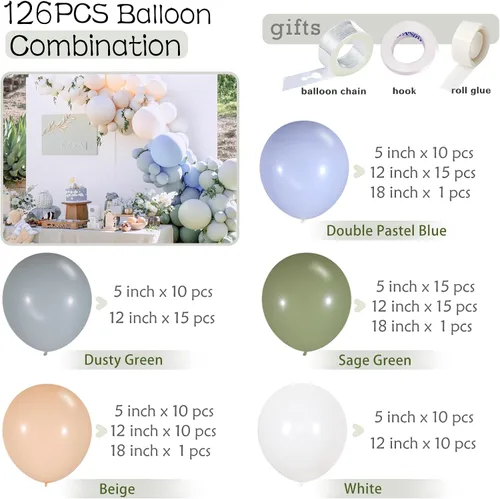 Miniatura 2 de Guirnalda de Globos Verde Azul Polvoriento – Globos de Doble Relleno Azul Bebé Verde Salvia Blanco Nude para Kit de Arco de Globos de Oso – Perfecto