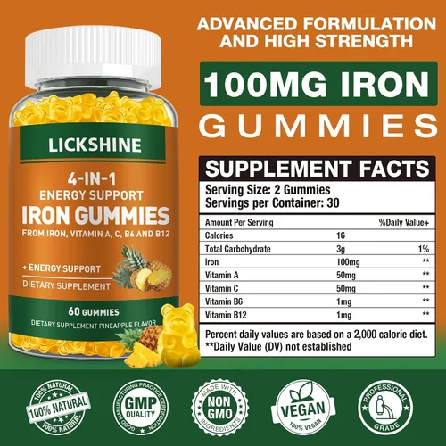 Miniatura 3 de Paquete de 2 gomitas veganas de suplemento de hierro de 100 mg para mujeres y hombres, con vitamina C, A, B para adultos y niños, apoyo energético