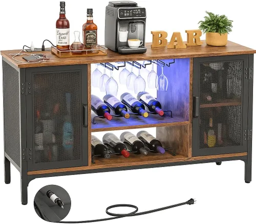 Homieasy Armario de bar de vinos con tomas de corriente y luces LED, gabinete de barra de café industrial con estante para vino para bar en casa,