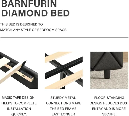 Miniatura 7 de BarnFurin Base de cama y cabecero tamaño King, cama tapizada de piel sintética con diseño capitoné de diamante, base de cama de plataforma moderna