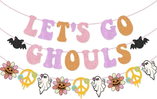 Guirnalda vintage de Let's Go Ghouls para fiesta de Halloween, hippie, retro, decoración de despedida de soltera