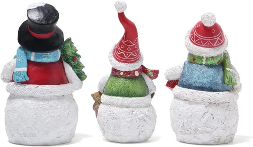Miniatura 5 de Hodao Juego de 3 figuras de muñeco de nieve, adornos navideños de resina pintados a mano, decoración interior del hogar para repisa, estante