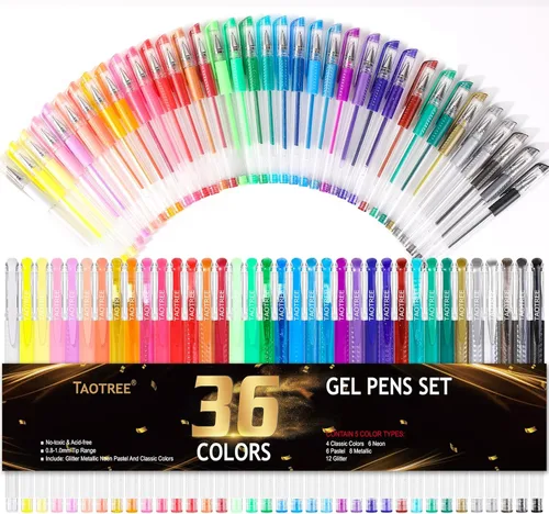 Taotree Bolígrafos de gel con purpurina, 36 bolígrafos de colores neón con purpurina y punta fina, 40% más marcadores de gel de color tinta para