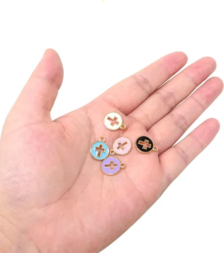 Miniatura 5 de Honbay 50 dijes de cruz esmaltada, colgantes redondos de crucifijo de aleación, para aretes, collares, pulseras, llaveros, joyería, manualidades
